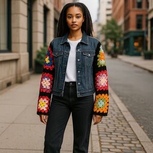 Denim Jacket with Colorful Crochet Sleeves
